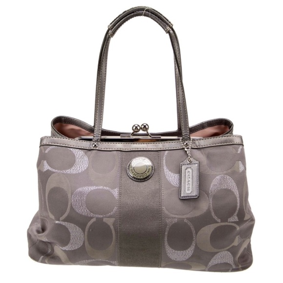Coach Handbags - COACH Signature Monogram Stripe Kisslock Carryall Bag Grey Silver Canvas F20427